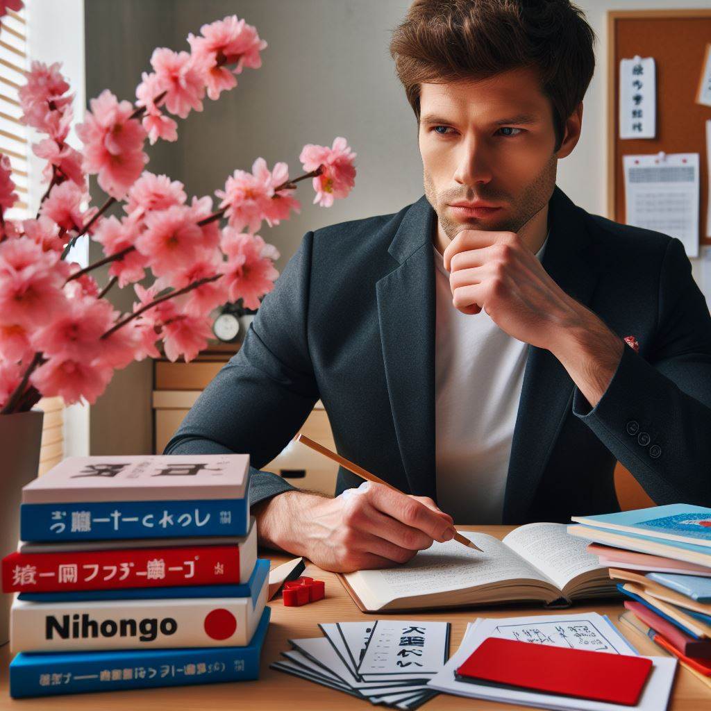 A Man studying for NAT Japanese Language Test