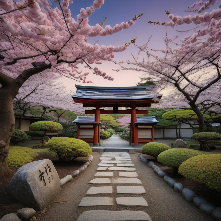 Japanese garden with cherry blossom and gate.