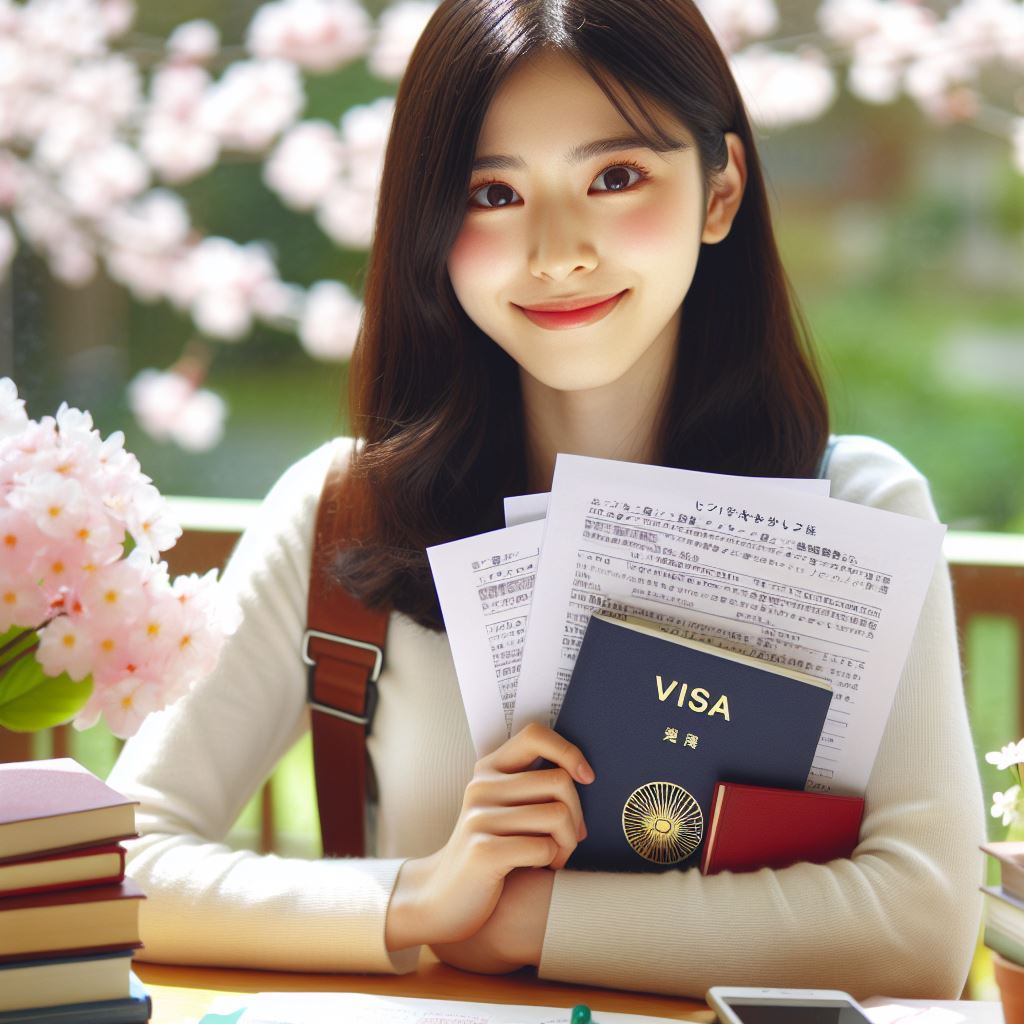 A hopeful student with visa forms and Japanese books at a desk, cherry blossoms outside.